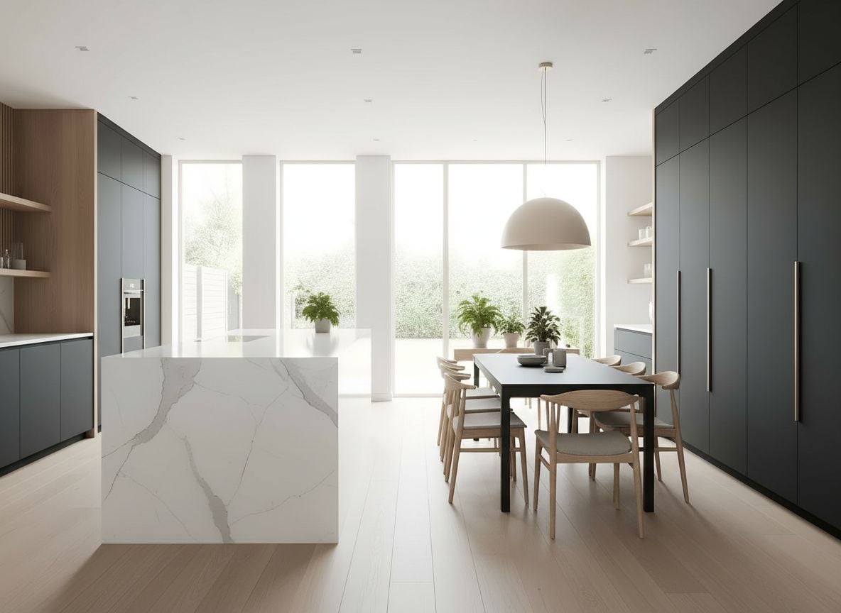 view of the dining area adjacent to the kitchen, featuring a charcoal dining table, light wood chairs, a ceramic pendant light, and a small greenery arrangement near a window