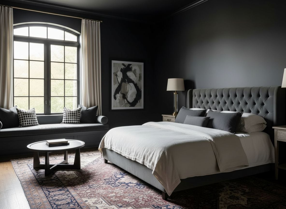 window seating area in a black-themed master bedroom showing a built-in bench, cushions, a low coffee table, and art on the wall