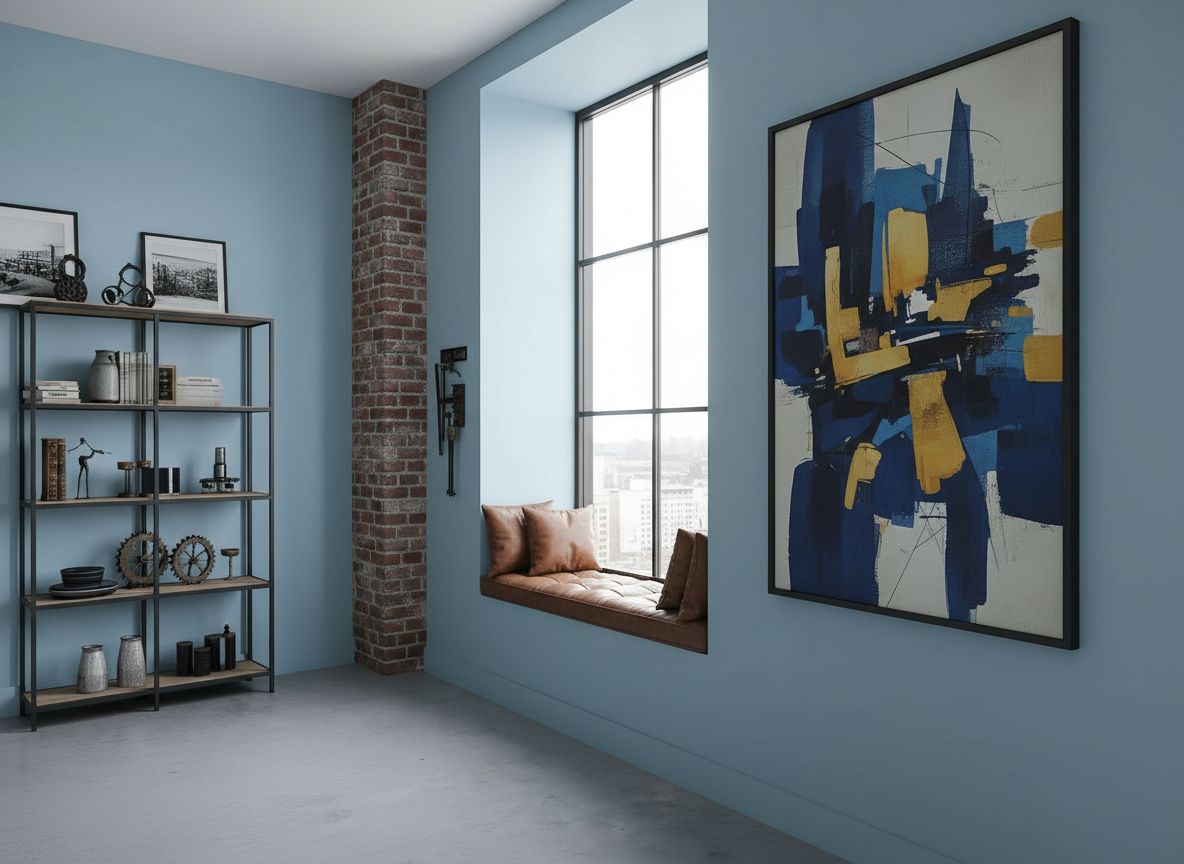angle toward a lounge corner in the dining space: a built-in window seat with leather cushions, dark steel shelving, and a large abstract art piece on an accent wall in sky-blue