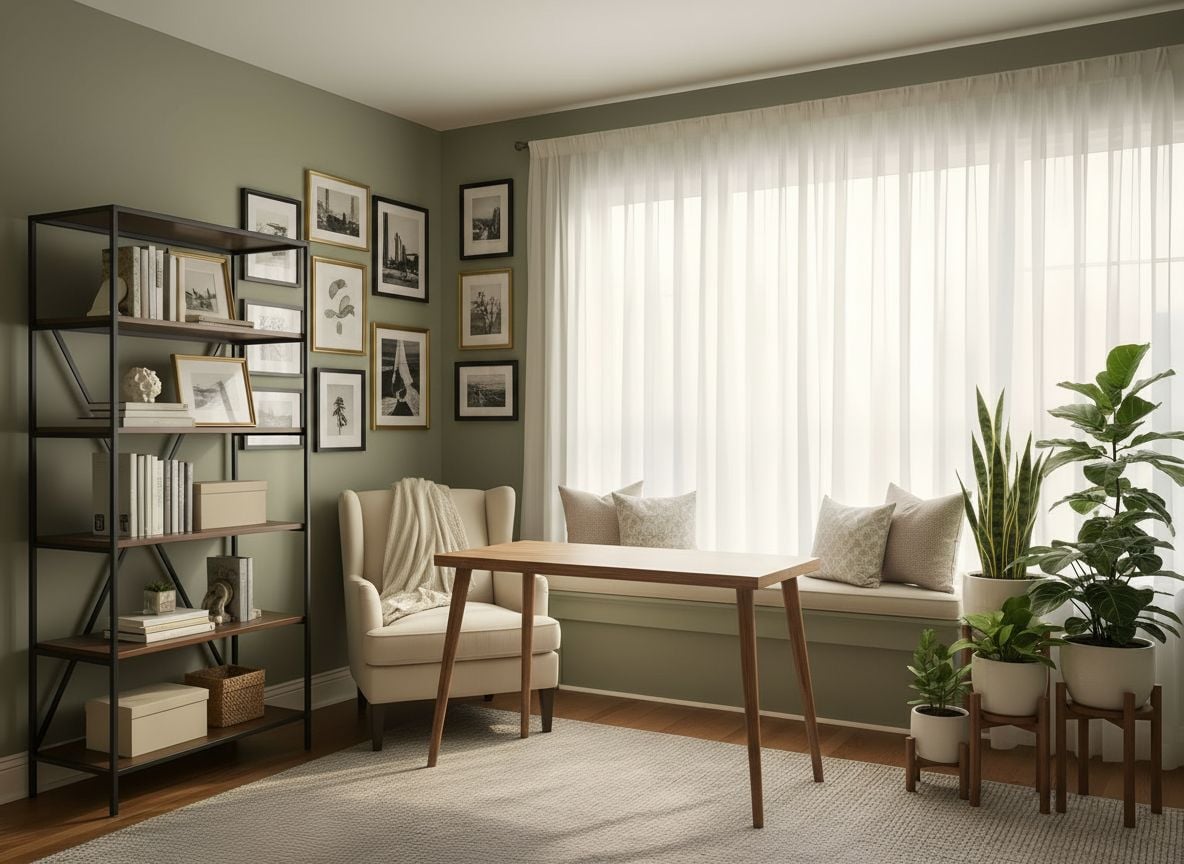 workstation area with window seating and an art wall: a slim desk by the window, a cushioned bench, framed prints, and a plant display