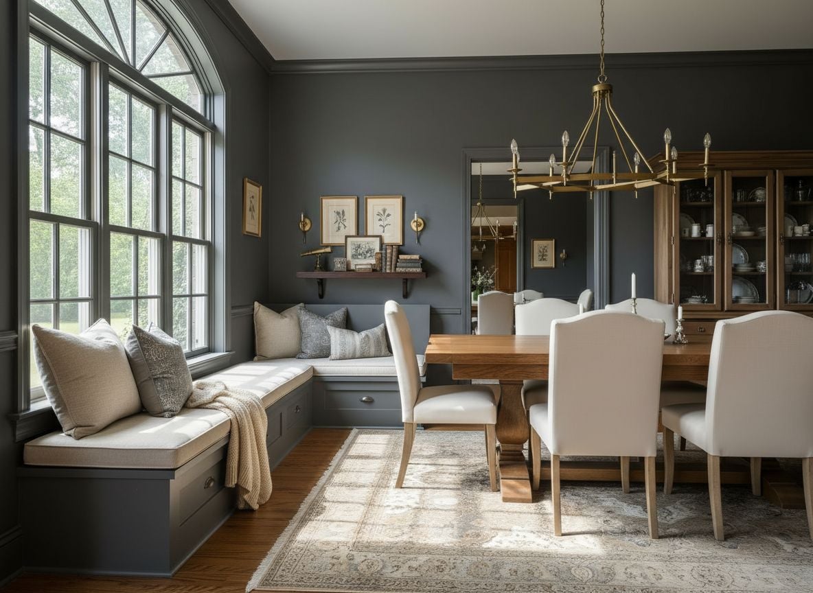 corner reading nook by a window in a charcoal-walled dining room, featuring built-in bench seating, cushions, and a small shelf with vintage decor