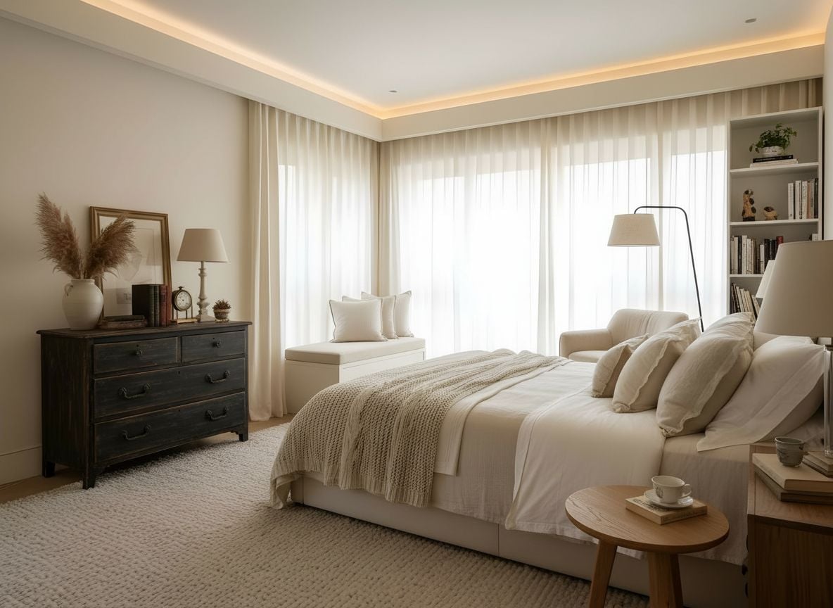 a wide-angle view of the bedroom’s reading nook by the window, showing a velvet armchair in cream, a small wooden side table, a floor lamp, and a bookshelf, all on a plush neutral rug