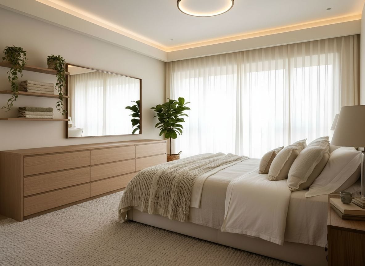 an angle capturing the dressing area within the master bedroom, including a low-profile dresser, a large mirror, a display of textiles and plants, and a calm ceiling fixture