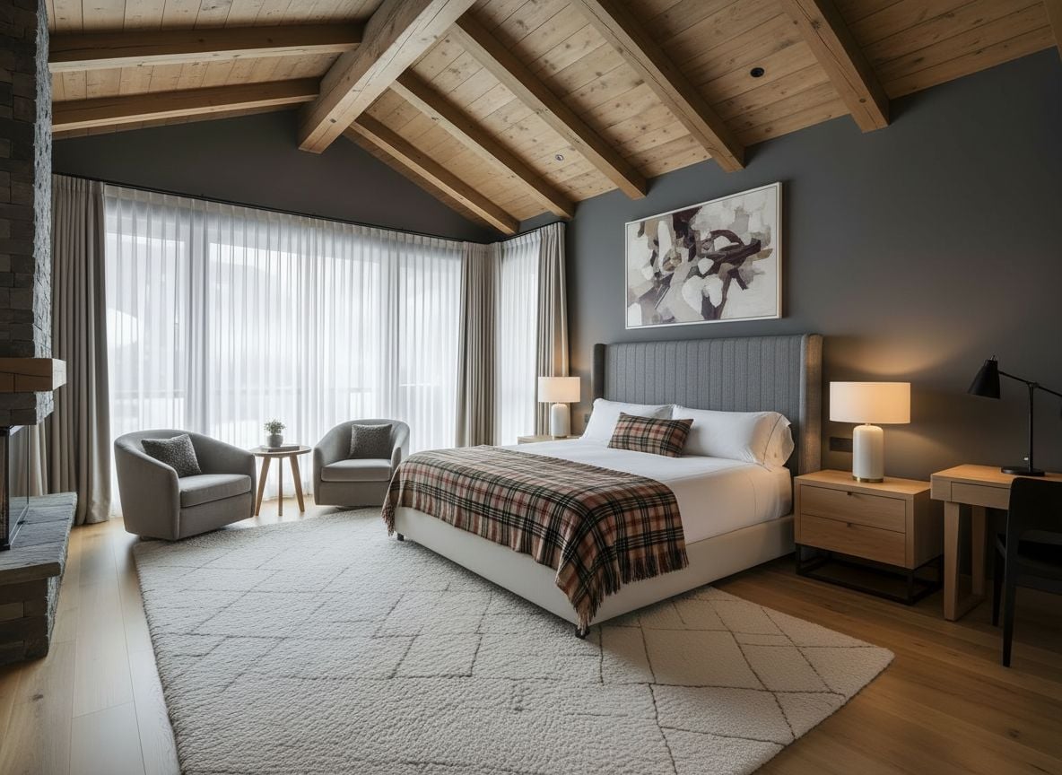 angle showing the bed area and accent wall with art, gray paneled headboard, plaid bedding, lantern lamps, and a small workspace desk
