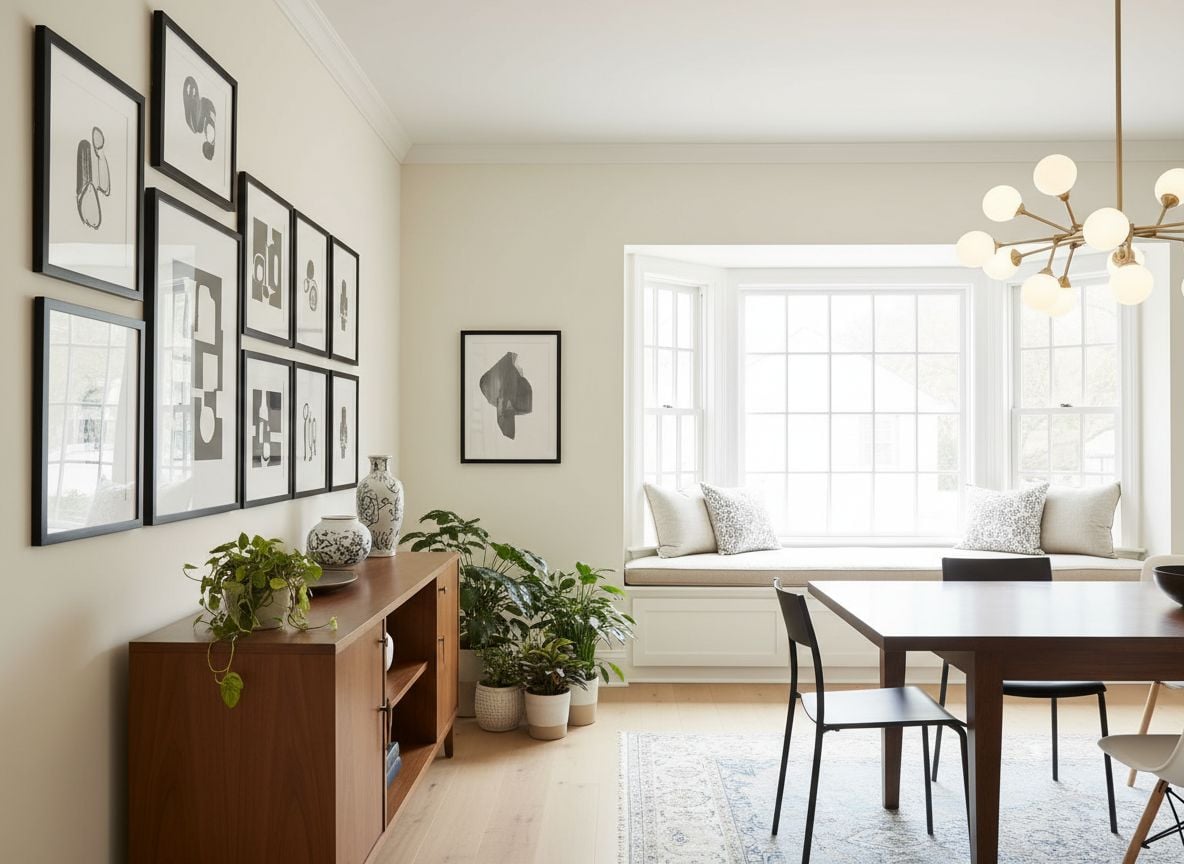 the opposite angle showing a window seat built into a bay window, a long buffet table with art above, and potted plants along the wall