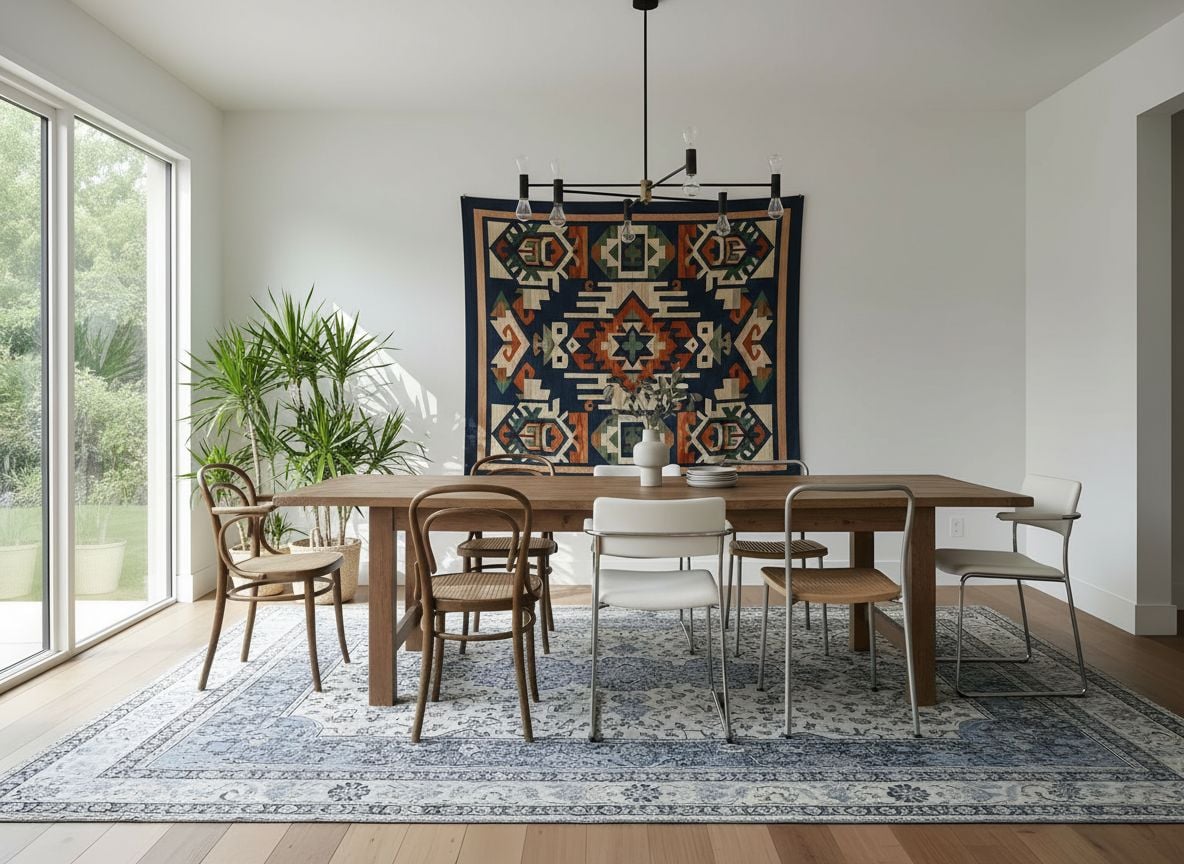 angle view of the dining area showing a long wooden table with mismatched chairs, a bold tapestry on the wall, and greenery by a large window