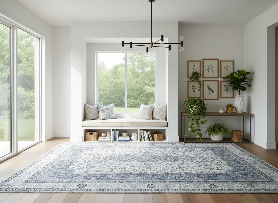 corner view featuring a window nook with built-in bench, cushions, and a small bookshelf, plus a wall with art and plants