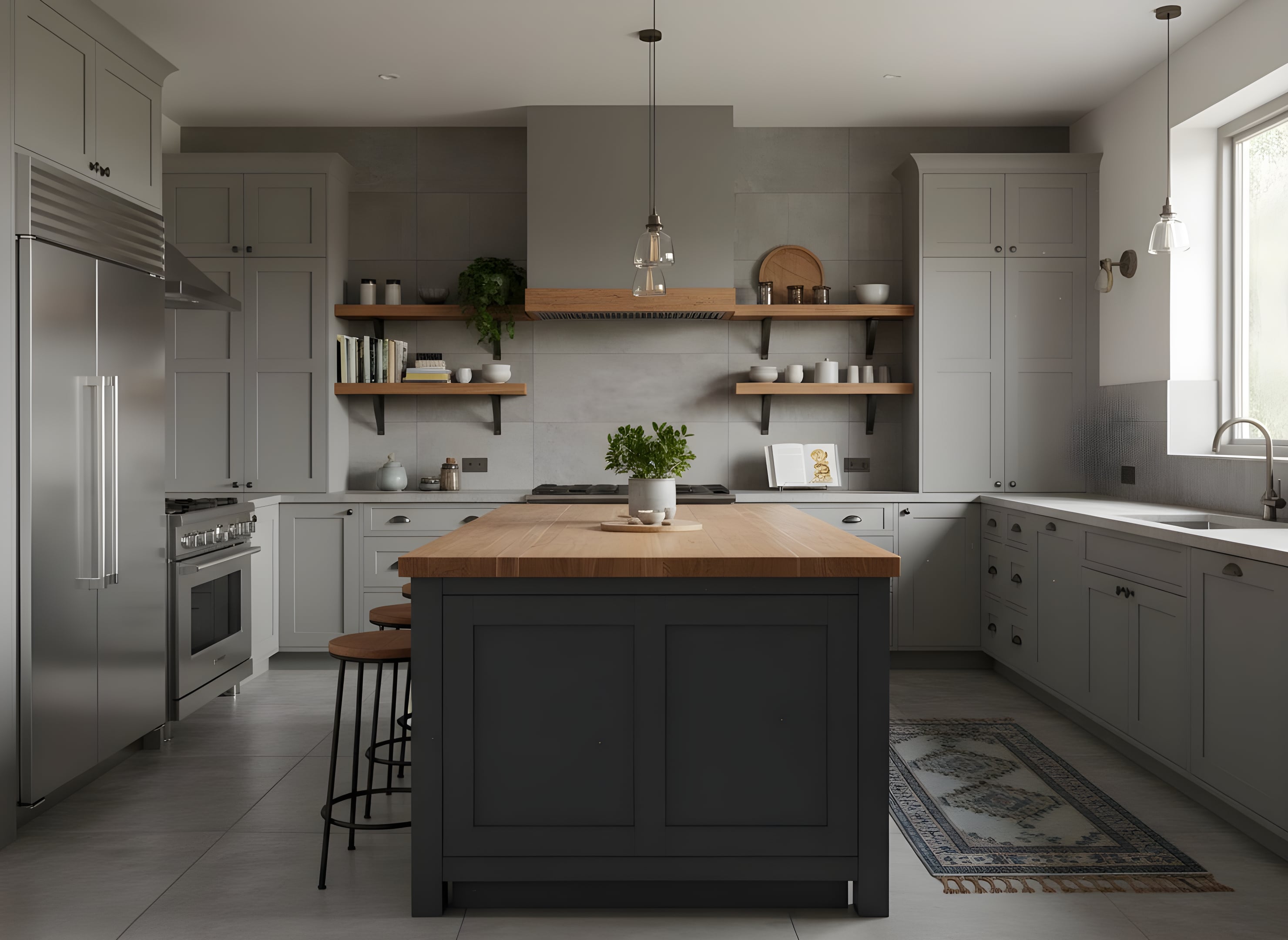 a professional architectural photograph of an eclectic gray kitchen: a charcoal gray island with a warm wood top, open wooden shelves, stainless steel appliances, gray shaker cabinets, concrete-look backsplash, and soft natural light
