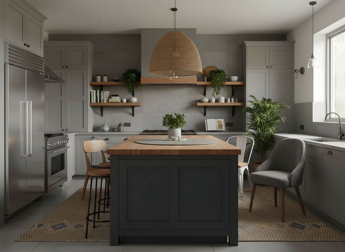 Dining nook within the kitchen: a gray-toned dining table with mismatched chairs, a woven pendant light, and layered textures like a rug and plants creating a cozy eating area