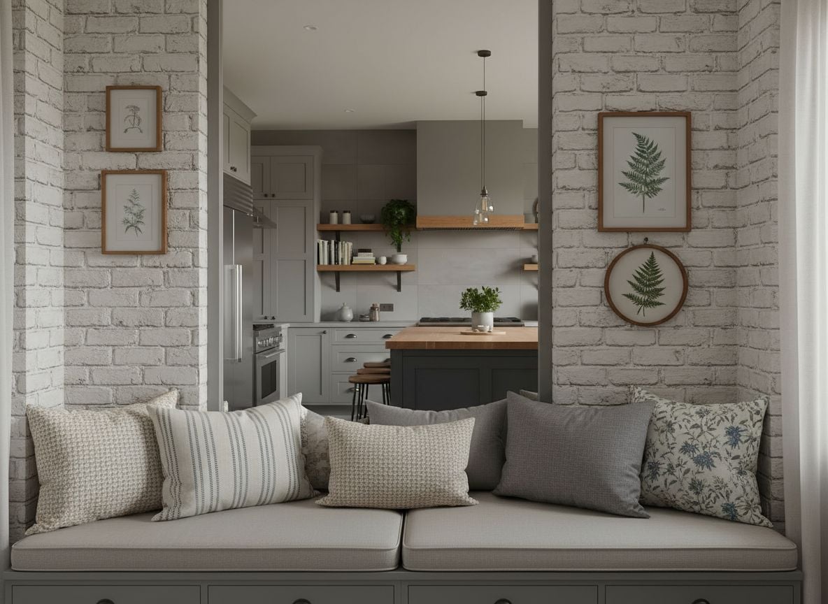 Window seating view into the kitchen: a built-in gray window bench, cushions in varied fabrics, and wall art dispersed over a pale brick accent wall