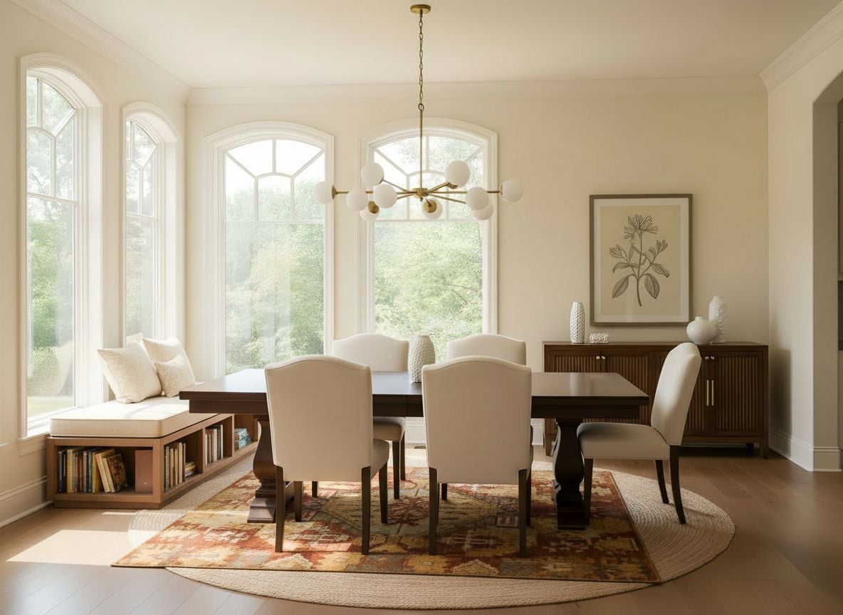 reading nook adjacent to the dining room featuring a built-in cream settee, a small wood bookcase, and a warm rug underfoot