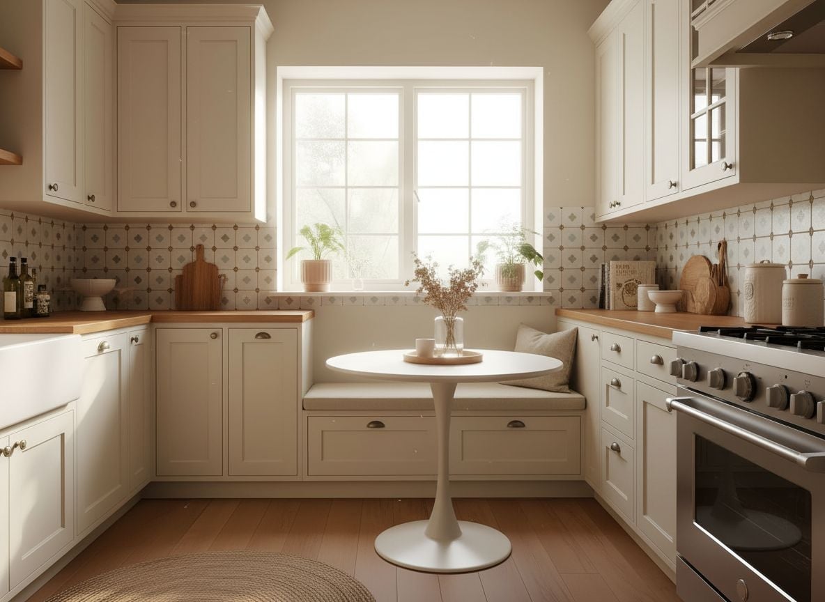 angle showing a window seat and built-in storage in front of a large window, beige cabinets, and potted herbs on the counter