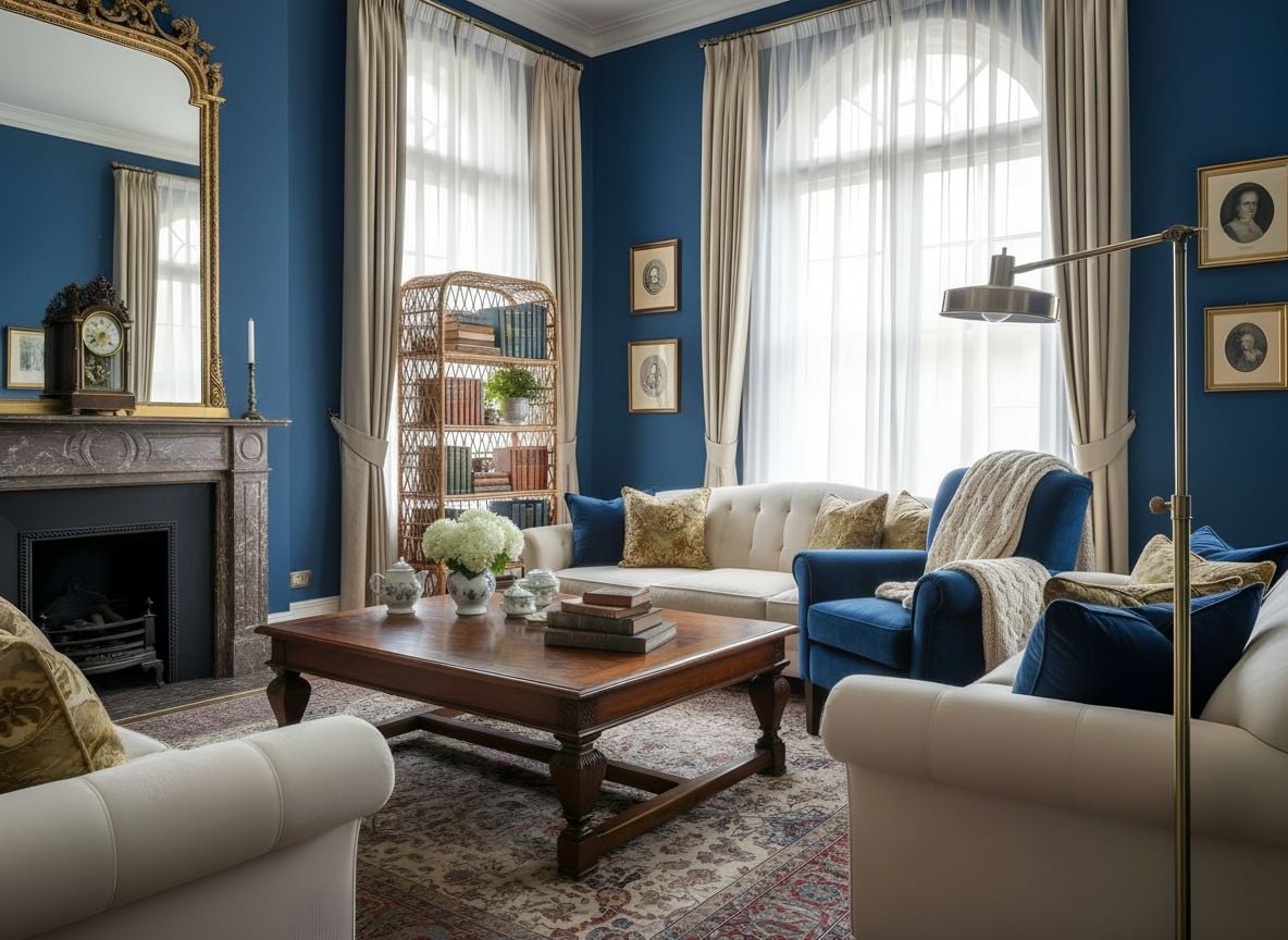 reading nook in a vintage living room showing a royal-blue accent chair, wicker bookshelf, a knit throw, and a tall floor lamp beside a window