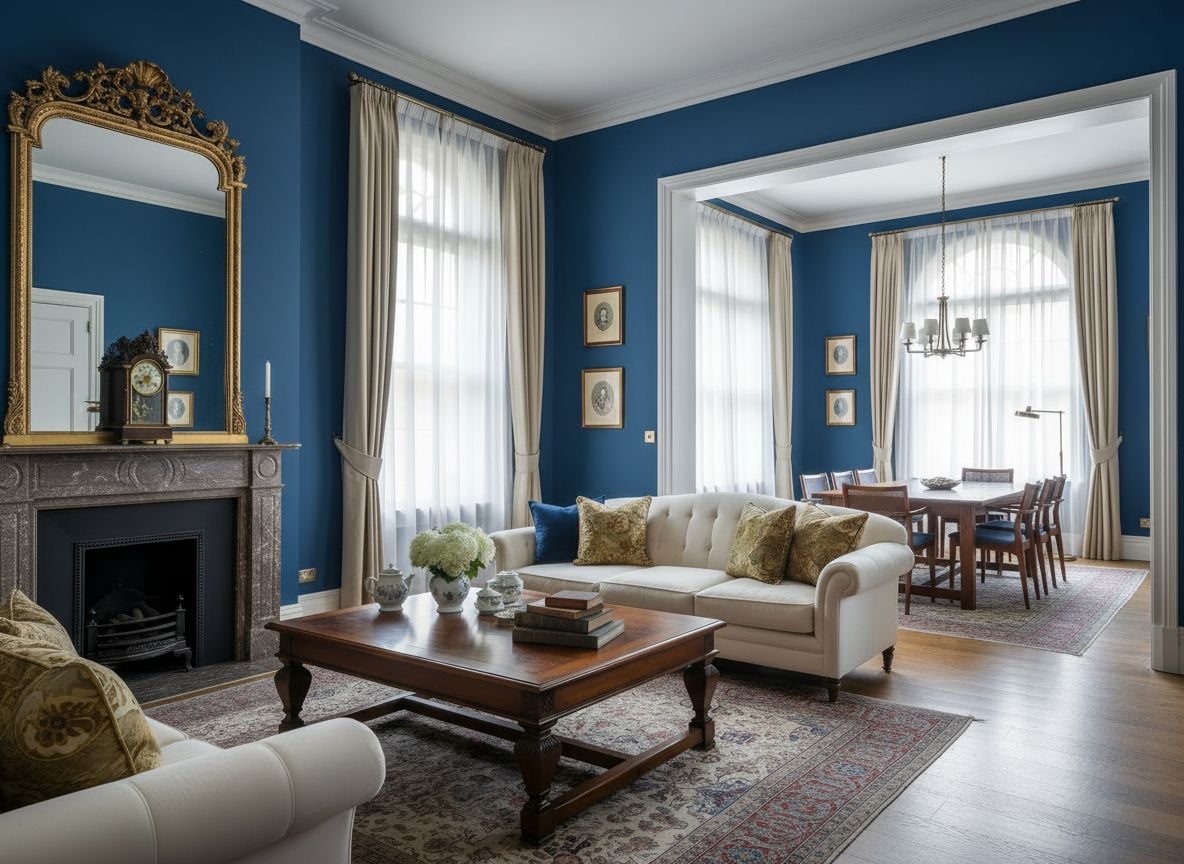 view into the dining area adjacent to the living room, with a solid wood dining table, mid-century chairs, and blue-toned lighting