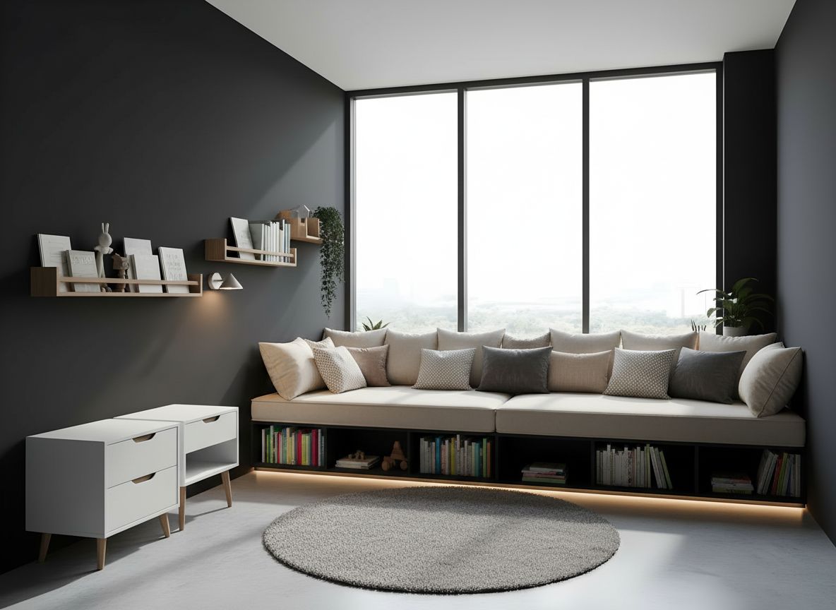 view of a reading nook in a contemporary kids room: a low black bookshelf, a cushioned window seat, cozy throw pillows, and warm ambient lighting under a soft, neutral wall