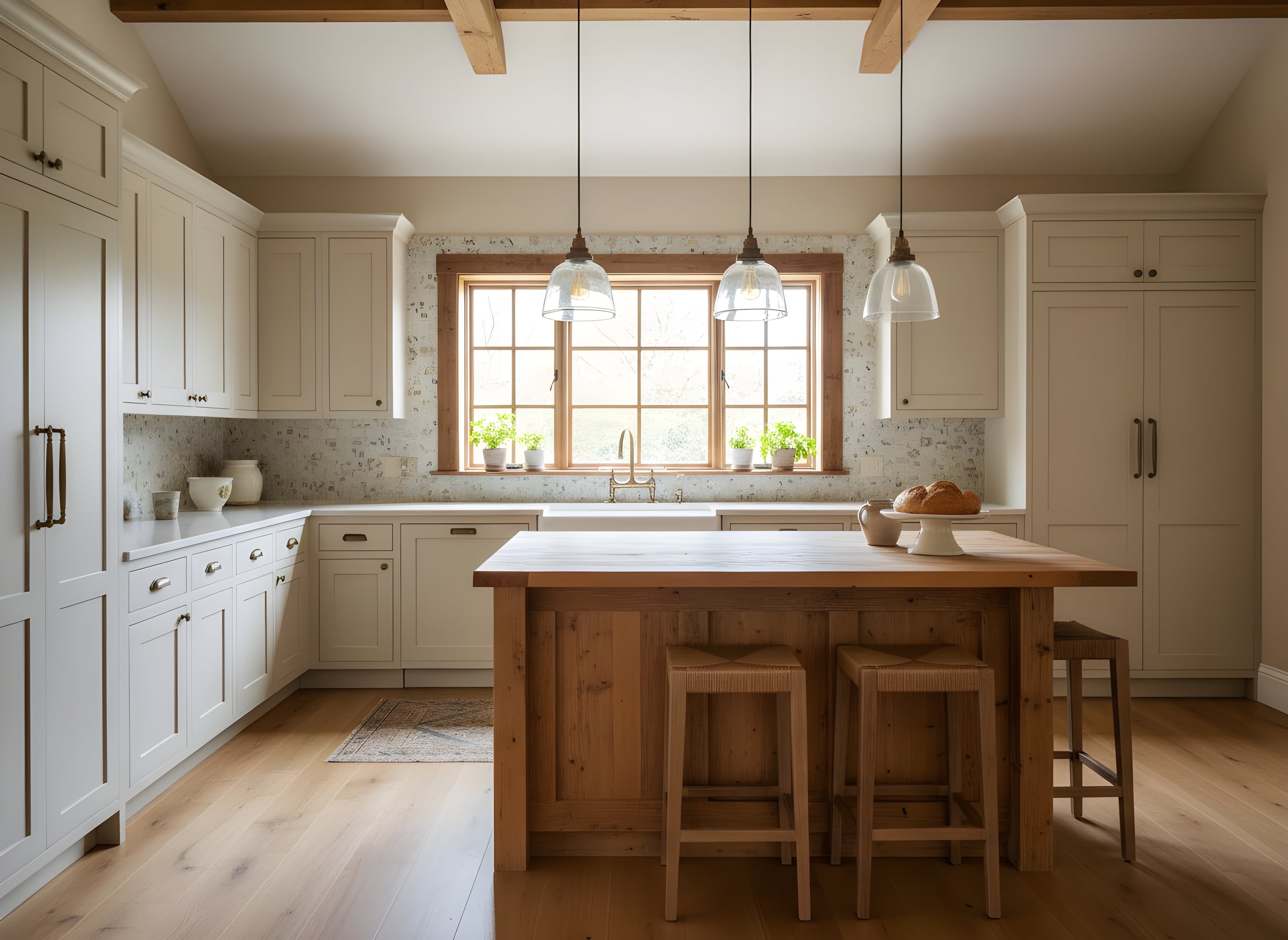 a professional architectural photograph of a beige farmhouse kitchen featuring white-washed shaker cabinets, a warm wooden island, and natural light from a large window framing a rustic ceramic backsplash