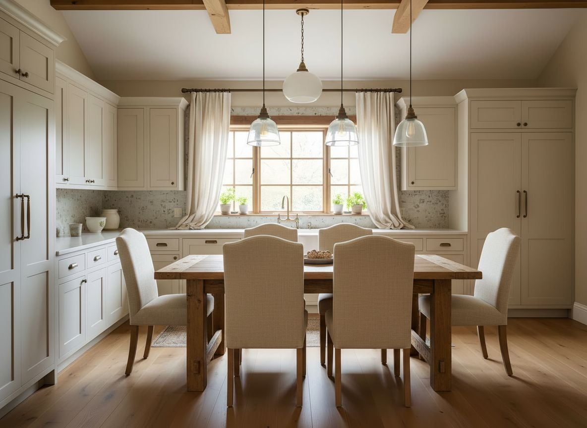 dining nook within the beige farmhouse kitchen, showing a wooden dining table, upholstered chairs, a ceramic pendant light, and a window with linen curtains