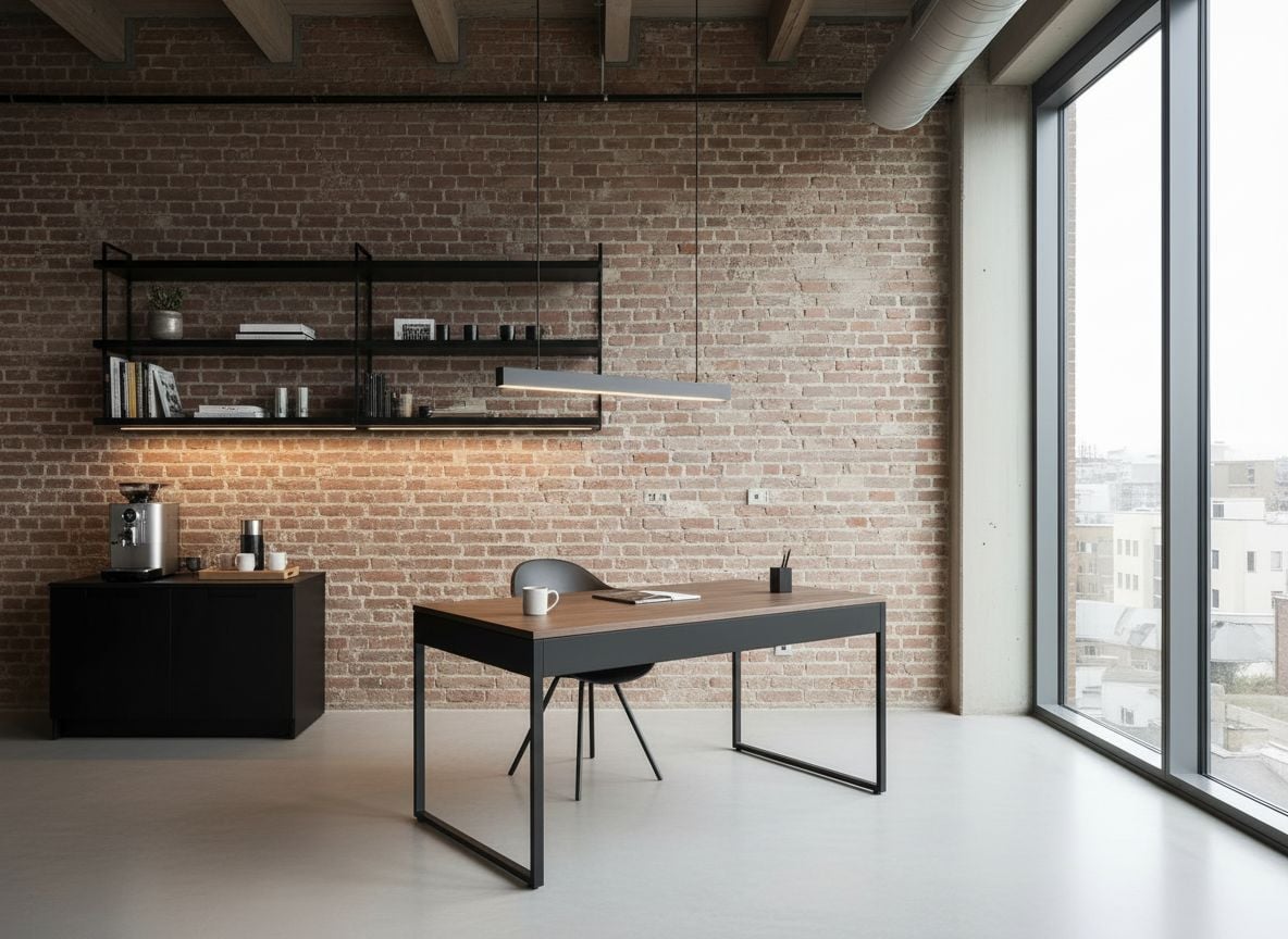 angle showing the workspace area near a window: wall-mounted open shelves, task lighting, a compact coffee station, and a black steel-framed workstation