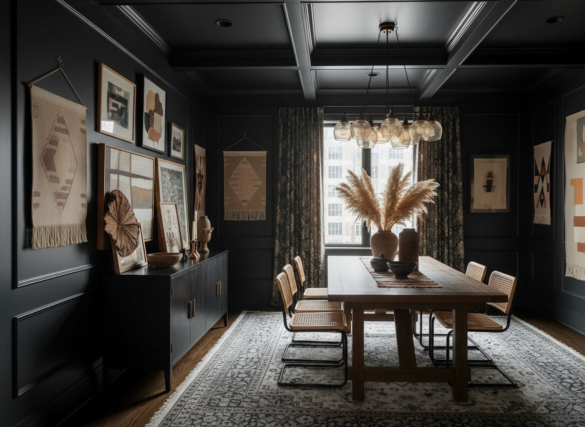 view of the dining area from a side angle showing a black dining room table with mismatched chairs, a gallery wall, and a sideboard; natural light from a nearby window emphasizes textures like copper, ceramic pottery, and woven fabrics