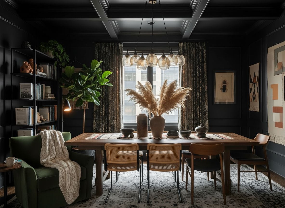 corner view featuring a reading nook adjacent to the dining area, a black bookshelf, a plush chair, a throw, and a small table; plants add life and soften the sharp lines