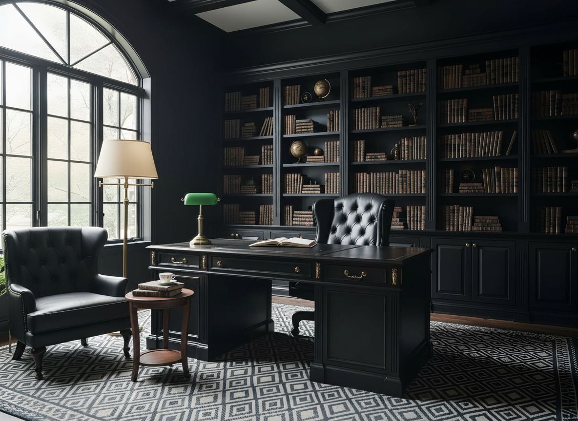 a reading nook within the same black vintage office: a black upholstered armchair, a small walnut side table, a floor lamp, and a display shelf with antique books