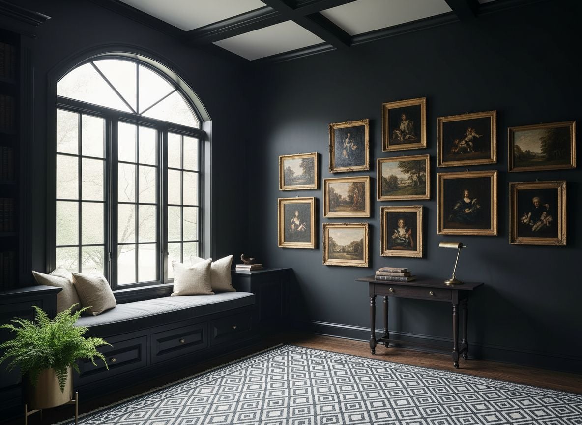 another angle of the room showing a window seating area and a wall with framed vintage artwork