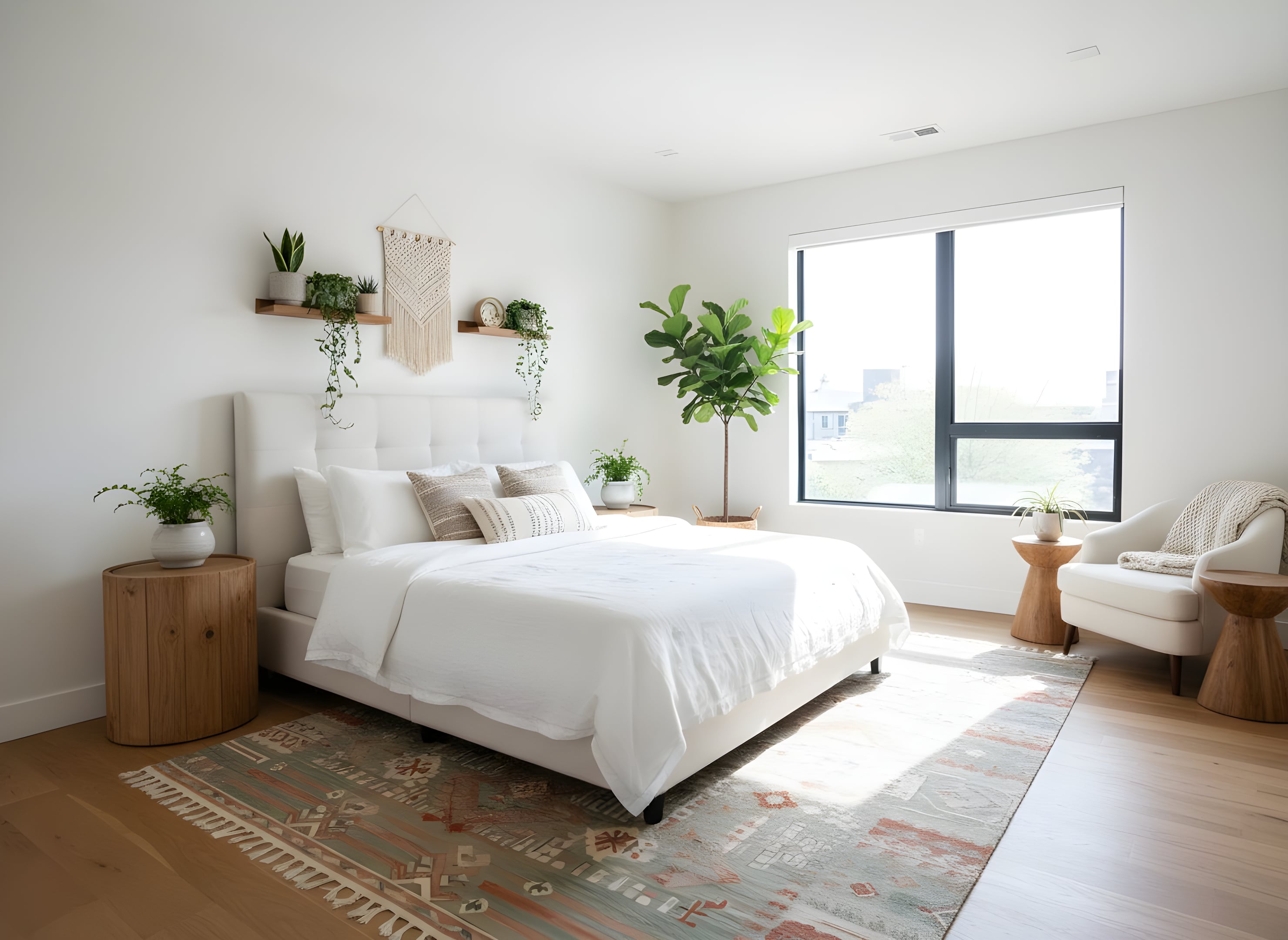a professional architectural photograph of a guest bedroom with white walls, an eclectic mix of textures including a white upholstered bed, a patterned rug, wood accents, and plants; natural light fills the room through a large window