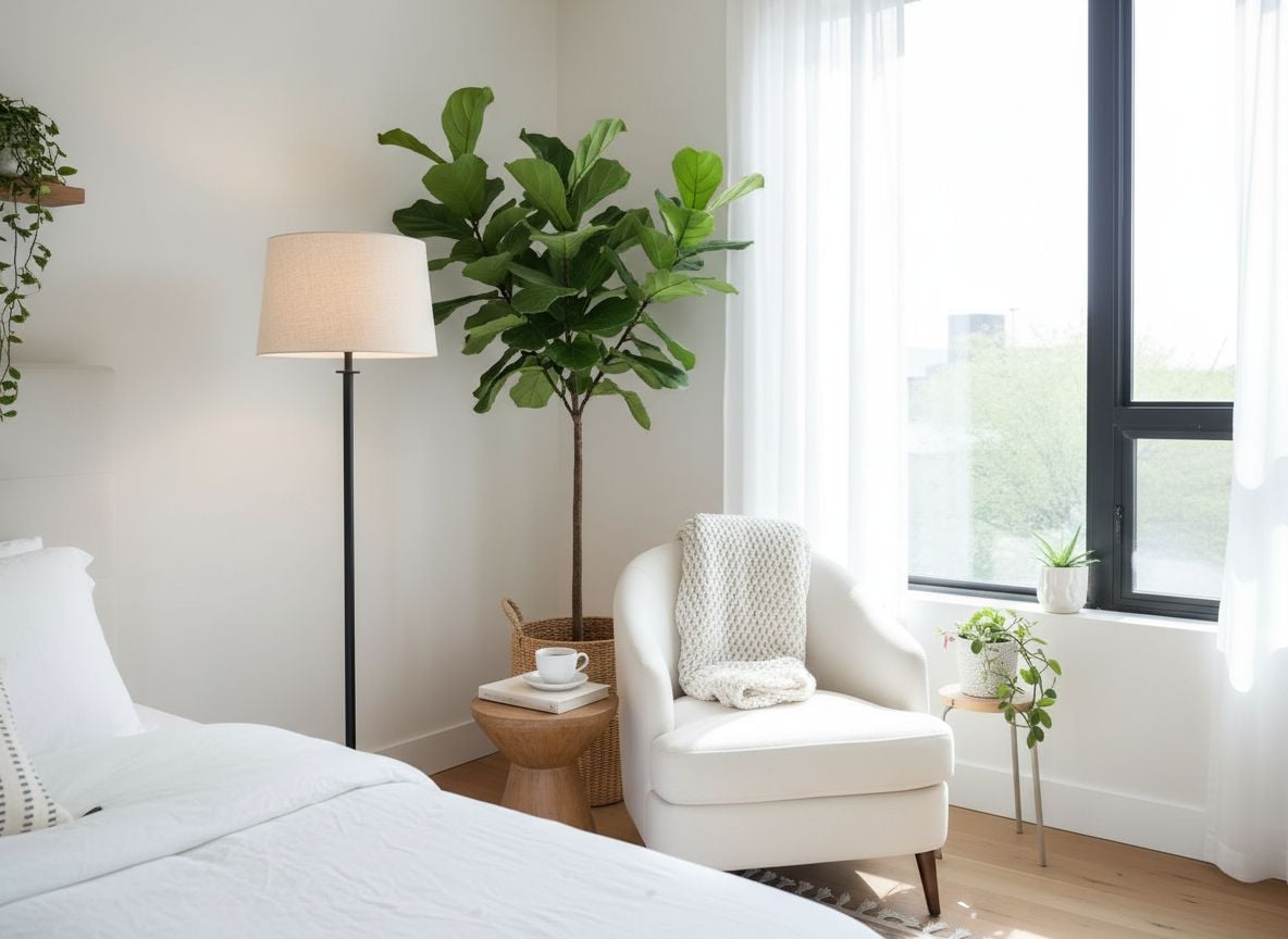 reading nook in a guest bedroom: a white armchair with a plaid throw, a small wooden side table, a floor lamp, and potted plants by a window with sheer curtains