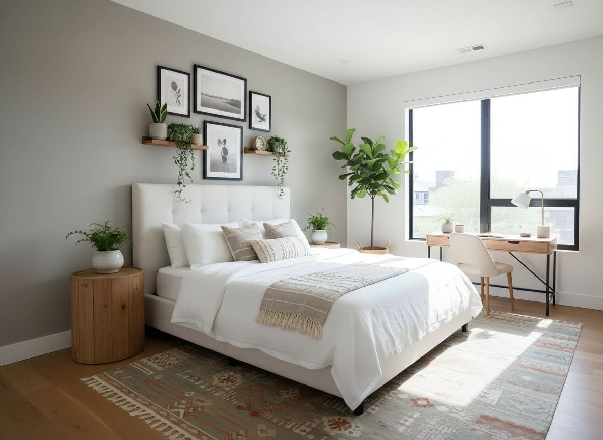 angle showing accent wall with art above a low dresser, a bedside table, and a small desk area; neutral textiles and a mix of wood and metal