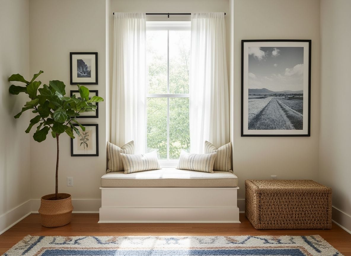 angle showing the room’s window seat under a tall art-framed wall, with plants and a woven bench