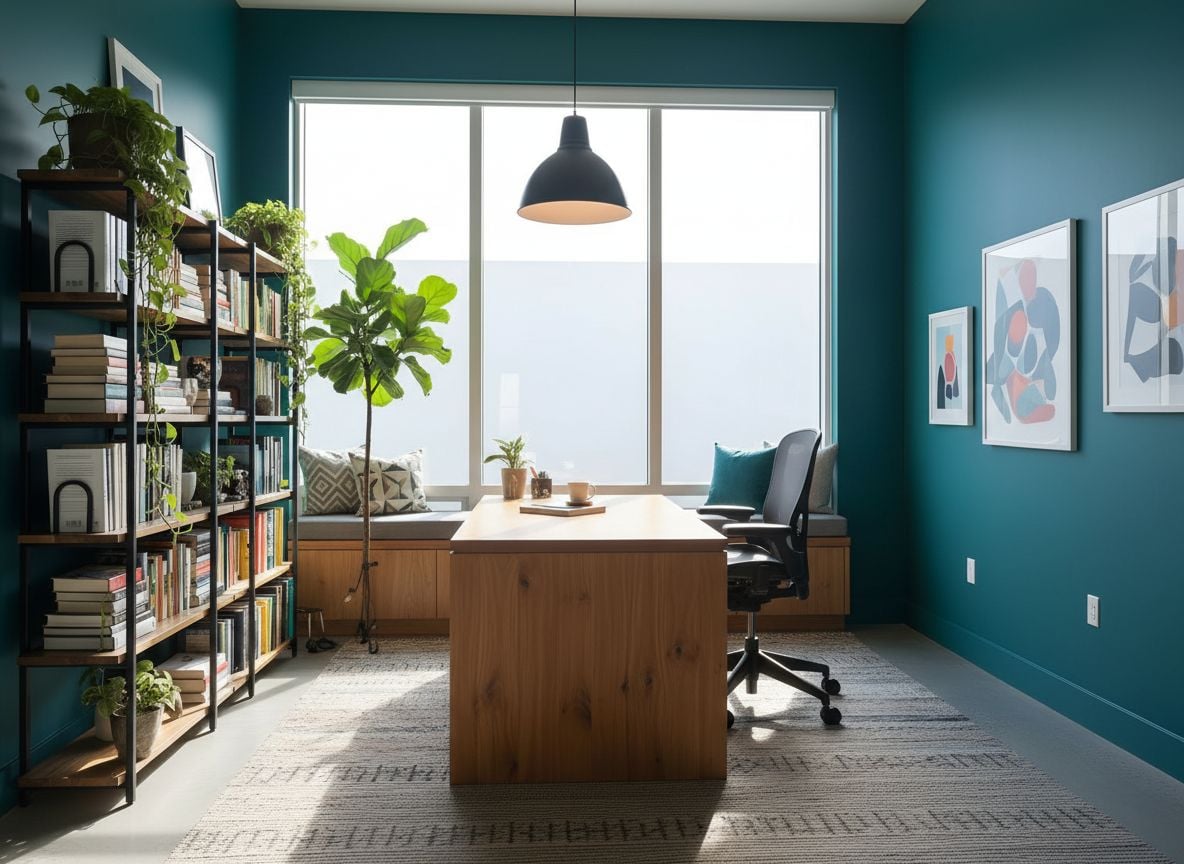 an alternate angle of the workspace featuring a wall with art, a window seat, and a desk setup with cabinets, plants, and a pendant light