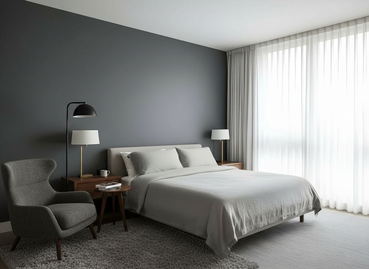 view of a reading nook in the gray guest bedroom: a plush gray armchair, a floor lamp, a small side table, and a soft rug near a window