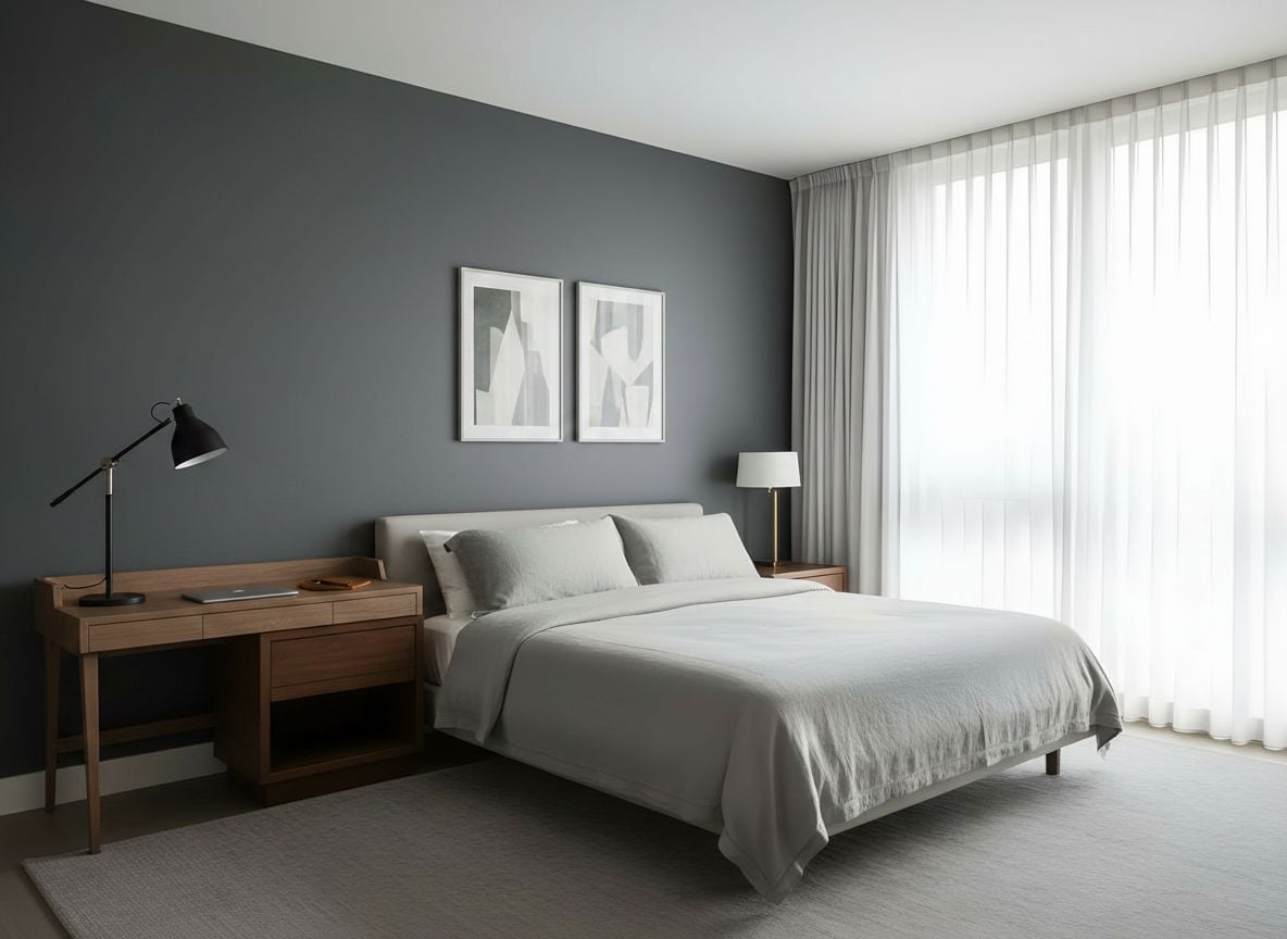 office-style workspace corner in the gray guest bedroom: a compact desk, task lamp, and wall art, with a window view