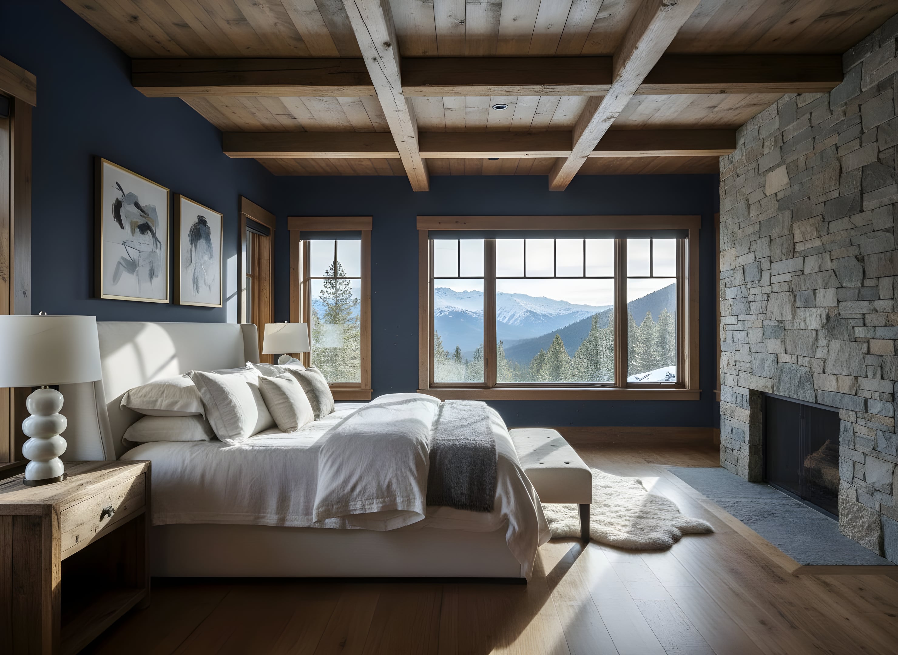 a professional architectural photograph of a master bedroom in chalet style: navy-blue walls, exposed wooden beams, a plush bed with linen bedding, a rustic wood nightstand, a stone fireplace, and large windows with natural light