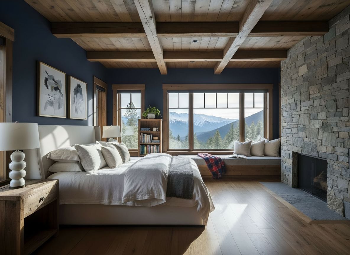 view of a reading nook by a large window in the navy chalet bedroom; a cushioned window seat, plaid throw, and a small bookshelf