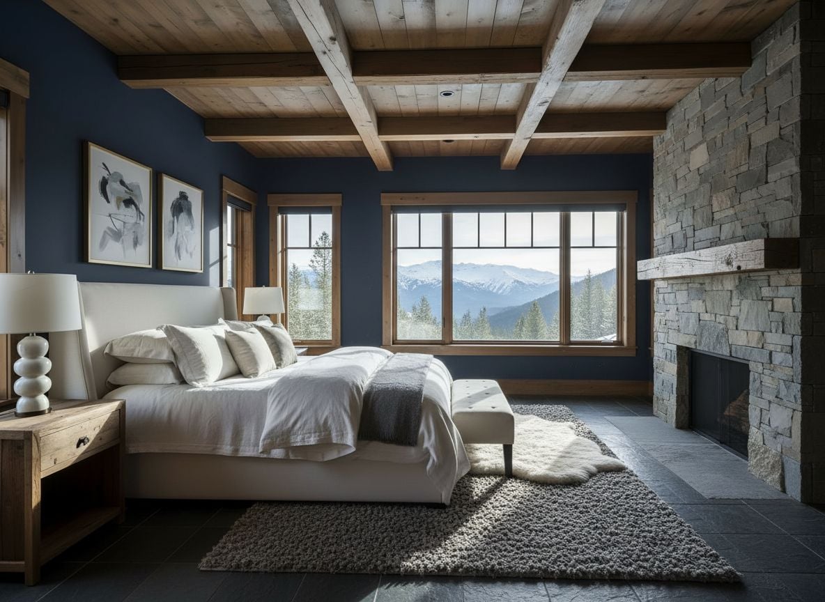 angle showing the bed area and fireplace from the opposite corner; slate flooring, layered rugs, and a timber mantle