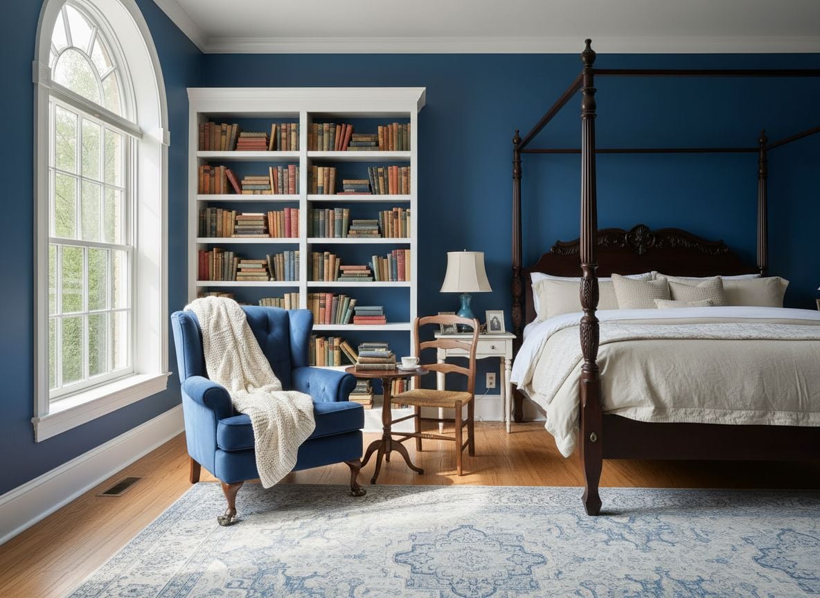 reading nook by a window in a vintage guest bedroom: royal-blue armchair with a knitted throw, a small wooden chair, built-in shelves with books, soft lighting and a woven rug