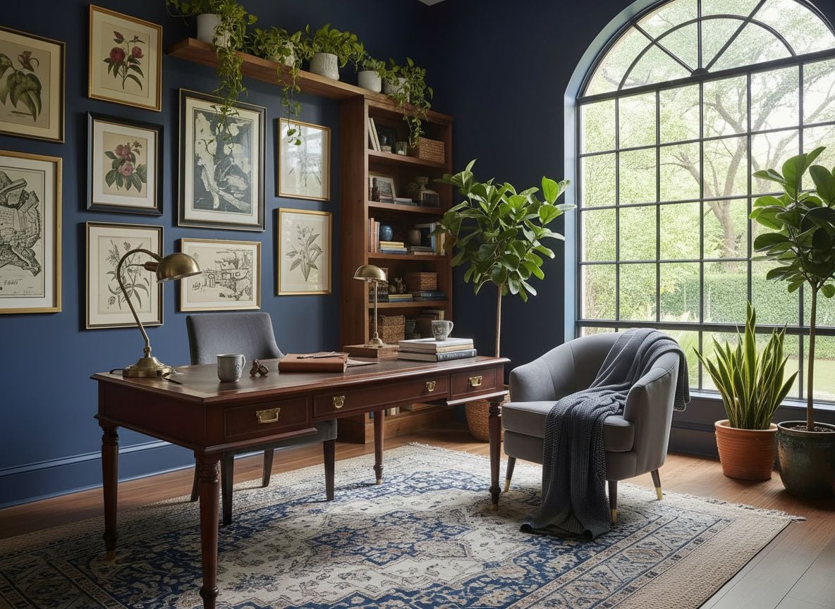 angle view of the workspace showing a navy desk setup, a wall of books, and a floating shelf with plants from a wide shot.
