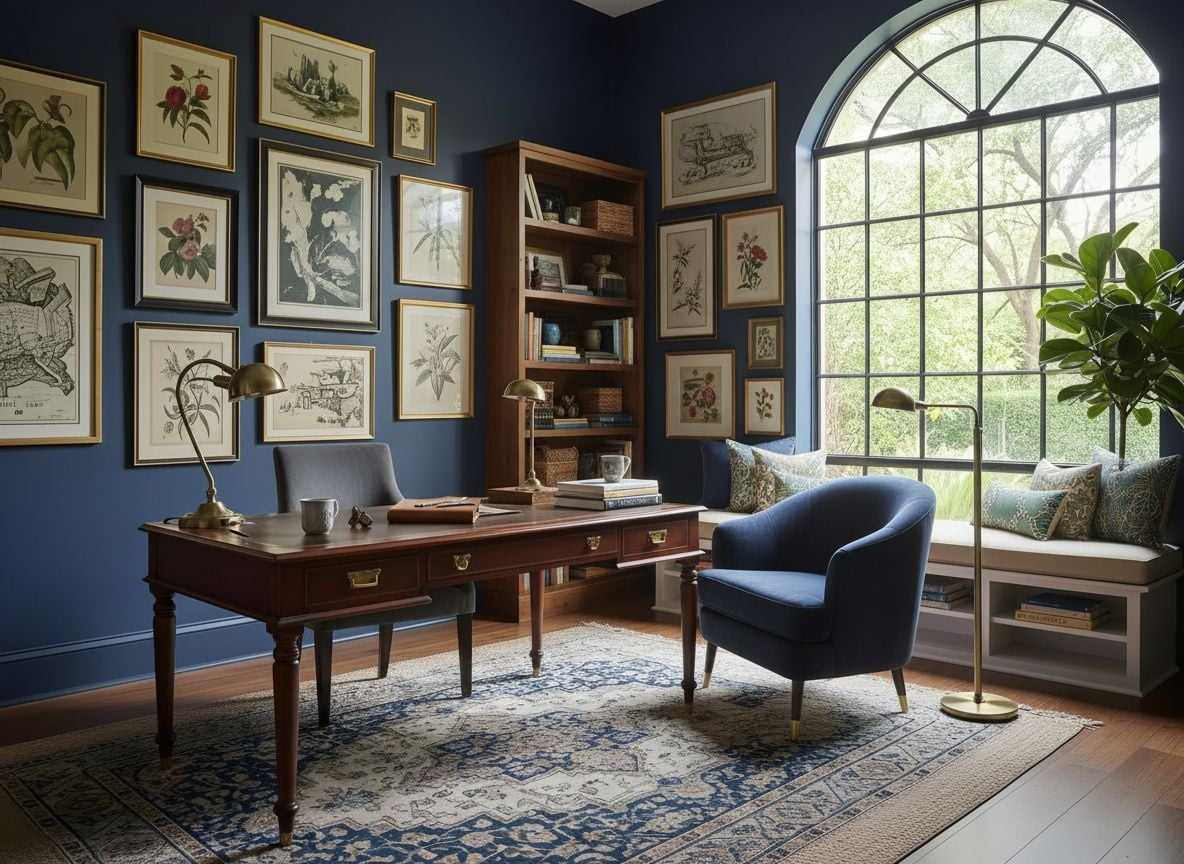 corner reading nook with a navy armchair, floor lamp, and a window seat framed by a gallery wall