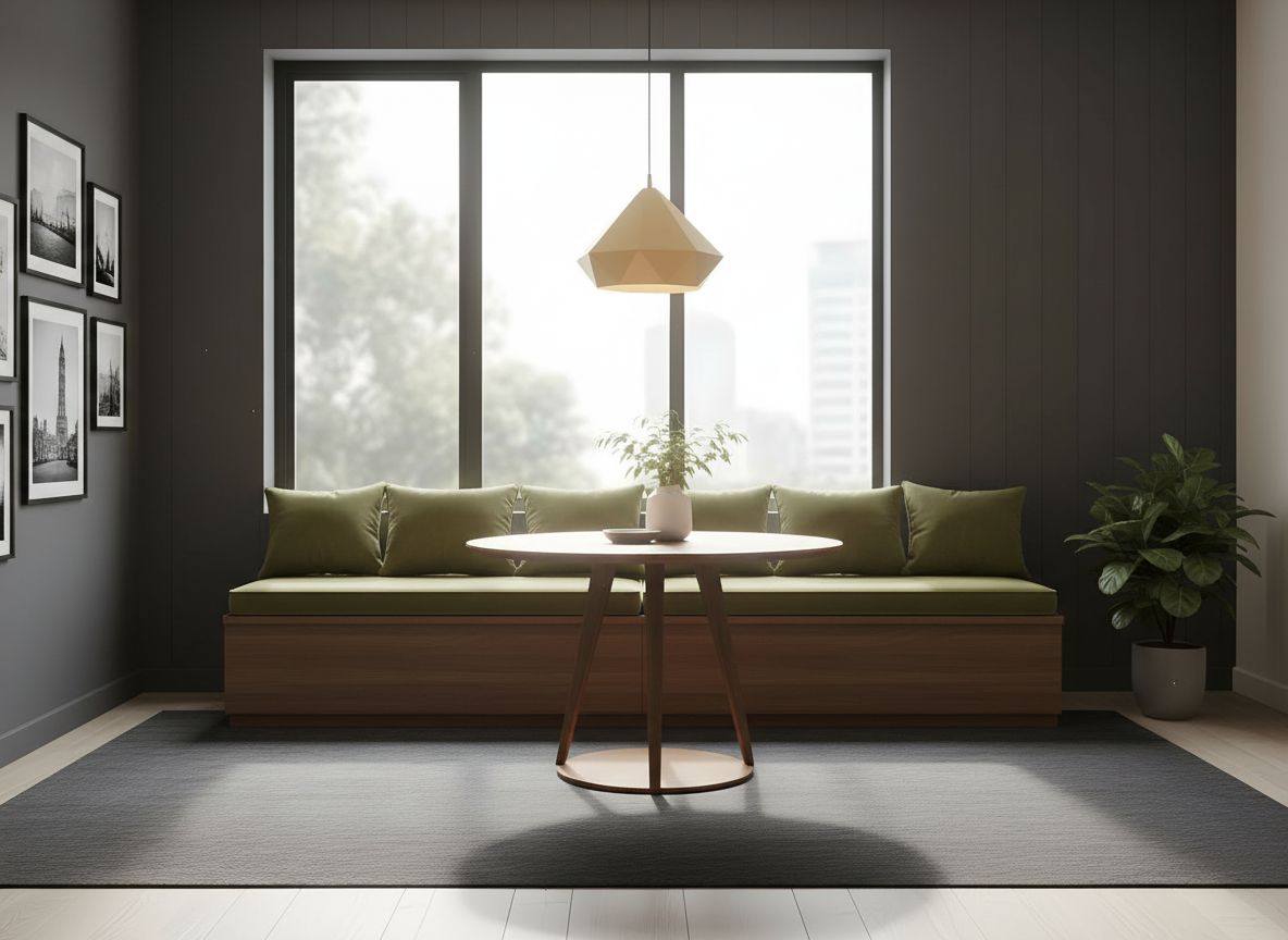 window seating nook in a charcoal-dominated room, with a built-in bench, olive-green cushions, a small pedestal table, and a gallery wall featuring black-and-white art