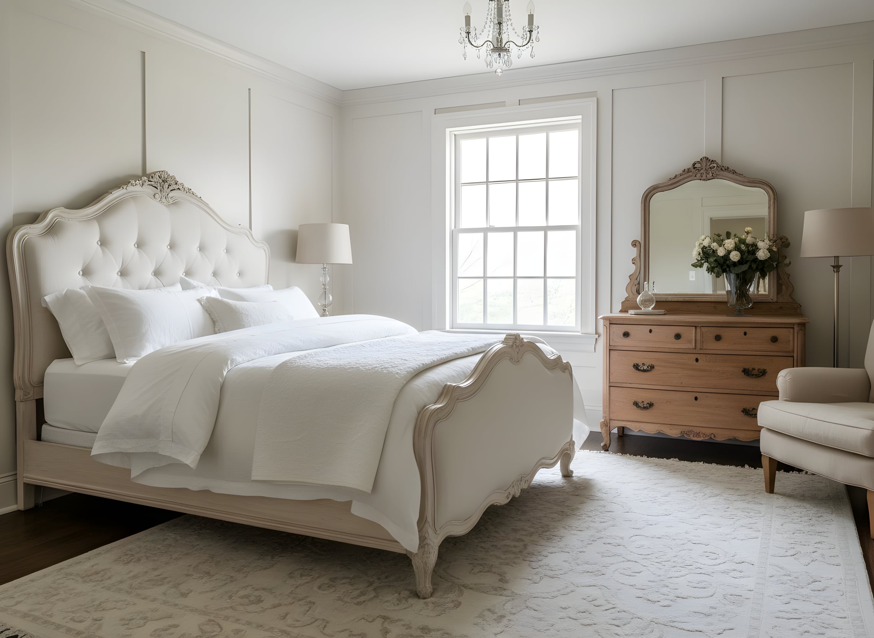 a professional architectural photograph of a vintage ivory guest bedroom with a carved wooden bed, creamy white linens, a tufted velvet headboard, an antique dresser, a soft area rug, and natural light from a large window