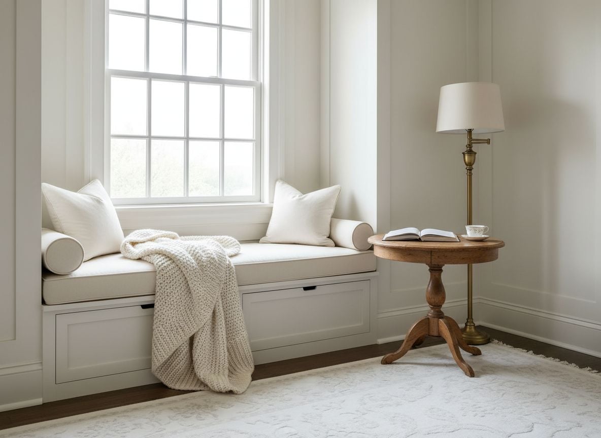 view of a reading nook in the ivory vintage guest bedroom: a nearby window seat with built-in storage, a small round coffee table, a vintage floor lamp, and a knit throw draped over a cushion