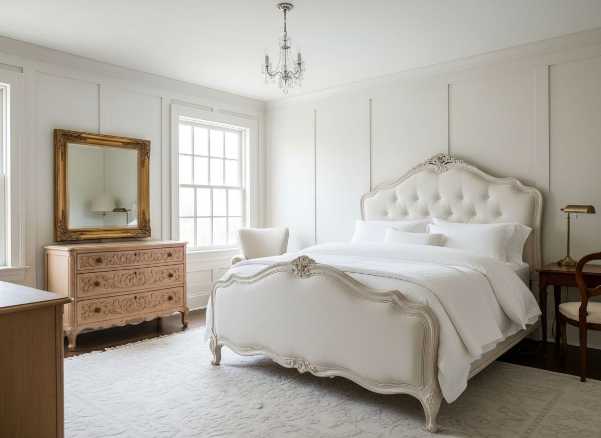 angle showing the opposite side of the room: a carved dresser against the wall, a mirror with a vintage frame, a small desk space, and a soft patterned rug