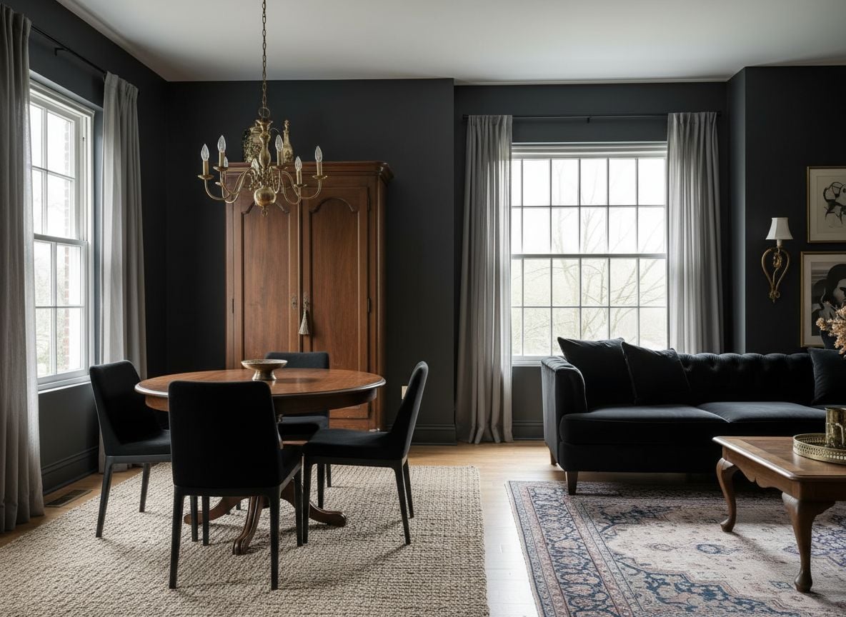 view of a separate dining nook within the living room: a small dark wood dining table, black chairs, an antique brass chandelier, and a neutral rug underfoot