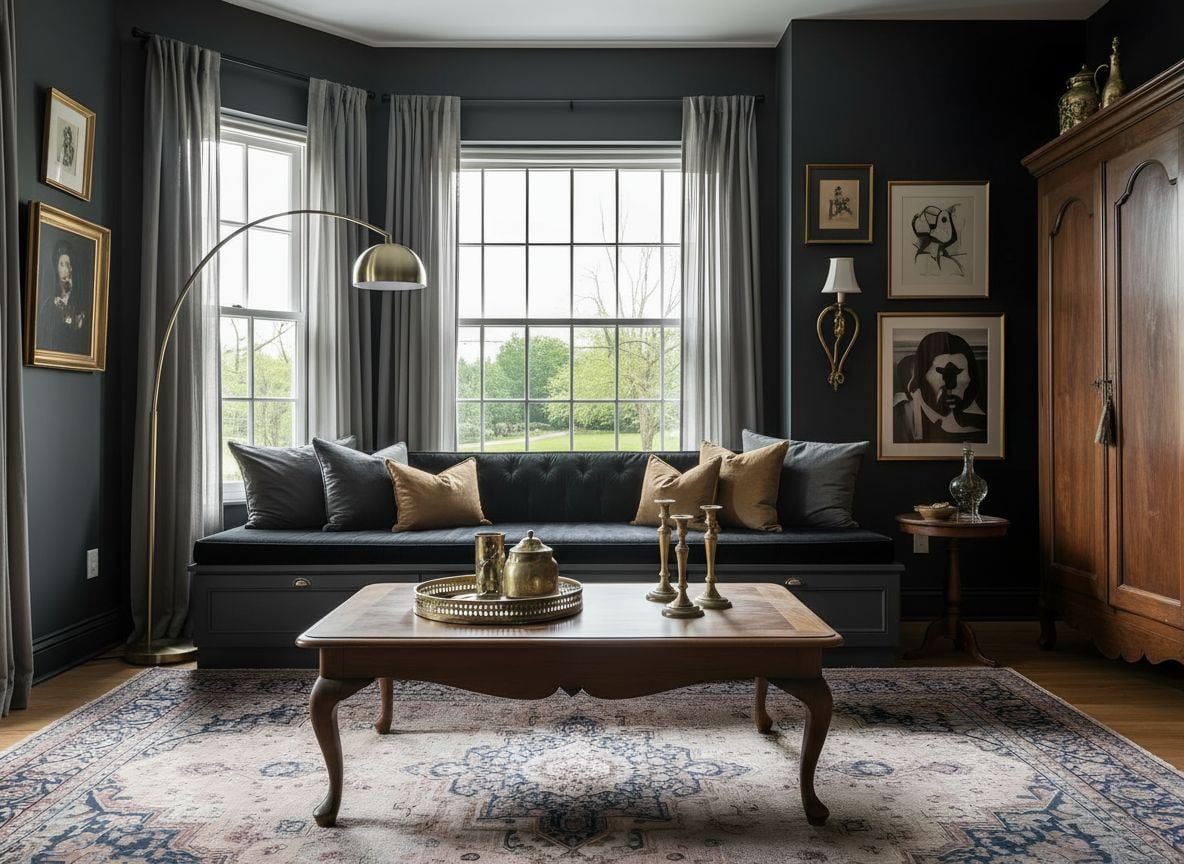 window-side seating area in the living room: a built-in bench with black cushions, throw pillows, and a view to outdoors, plus a wall with vintage art