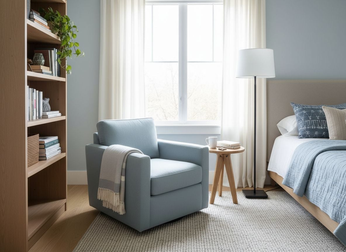 view of a reading nook by the window in the same sky-blue guest bedroom: a comfortable upholstered chair, a small wooden side table, a floor lamp, a woven rug, and a bookshelf with a few plants