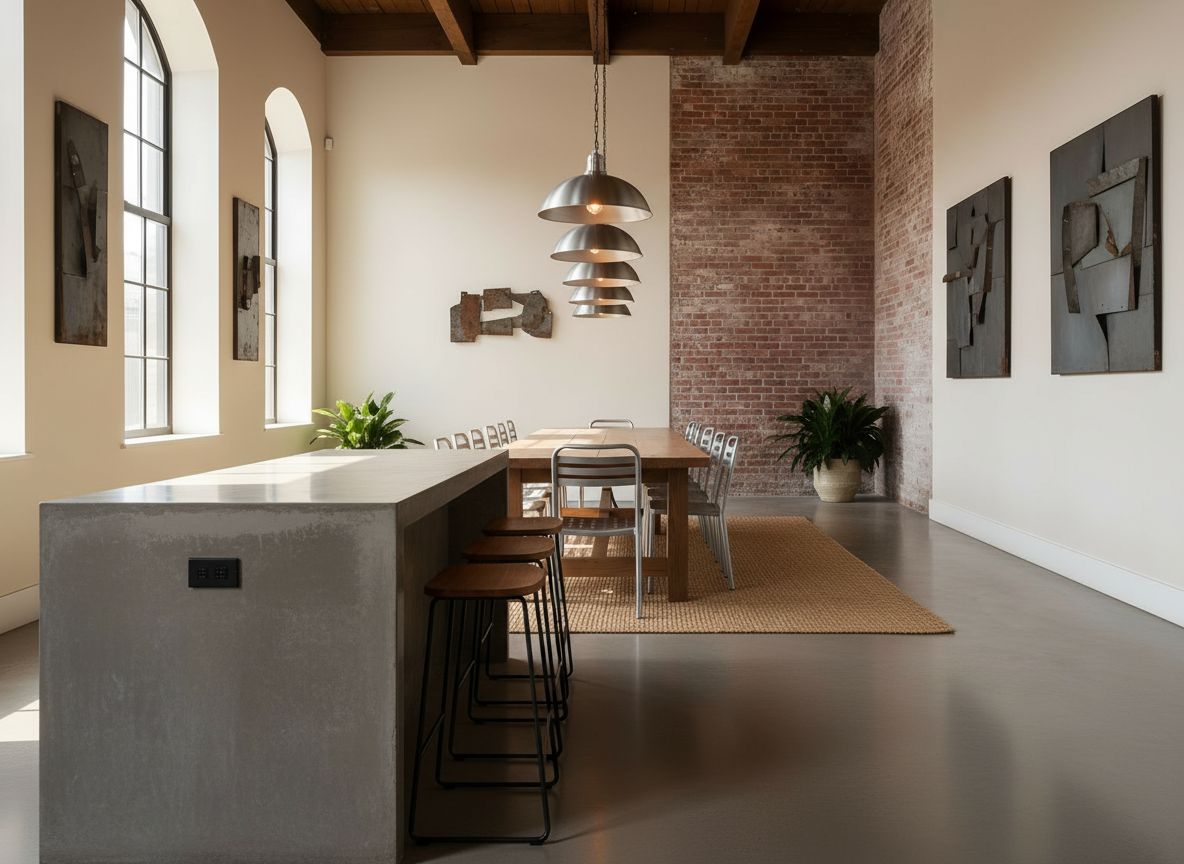 view of the dining area from the kitchen side showing a concrete island, stools, and the dining table with a neutral rug underfoot