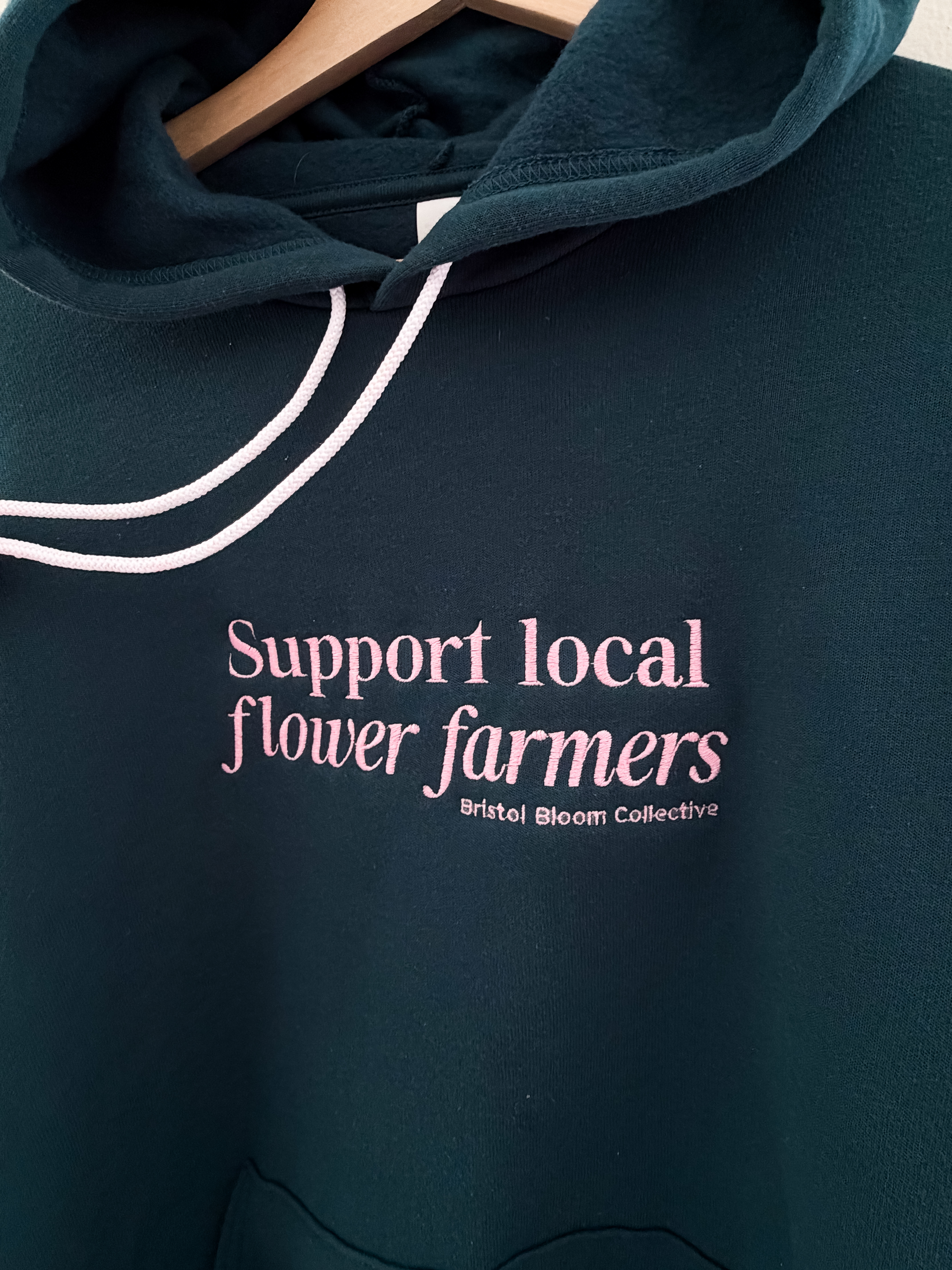 Support Local Flower Farmers Embroidered Hoodie (Teal & Light Pink Font)