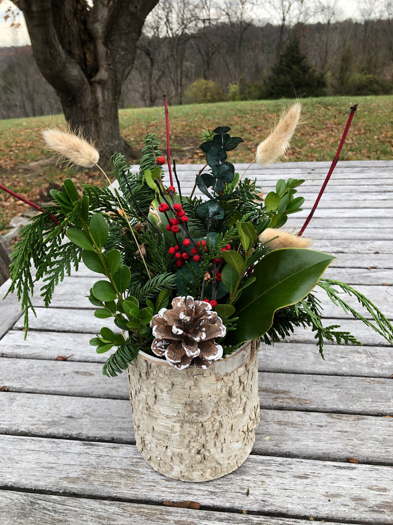 Holiday Birch Vase Evergreen Arrangement - Small