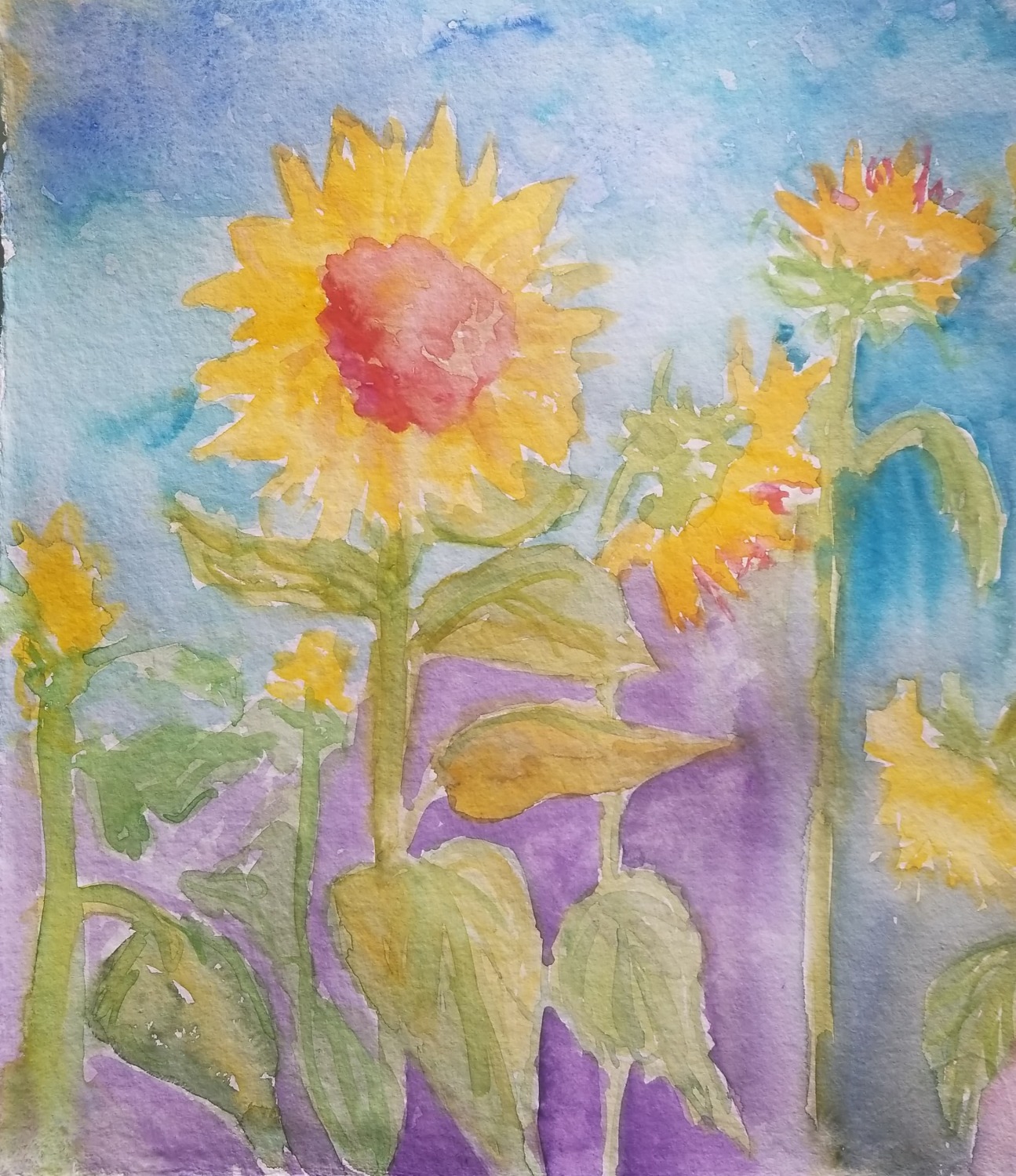 Watercolor Field of Sunflowers with Sky 